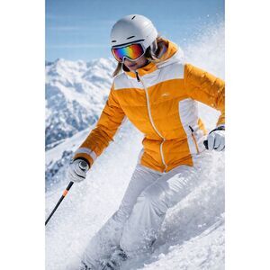 KJUS Orange/White Down Snowscape Hooded Ski Jacket, Removable Hood, M